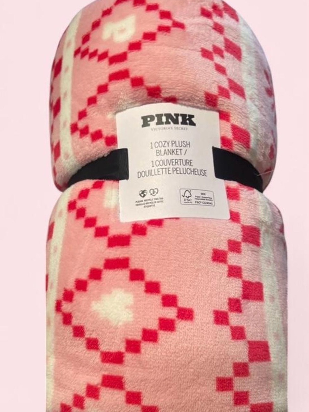 PINK Victoria's Secret Pink & White Geometric Plush Throw Blanket